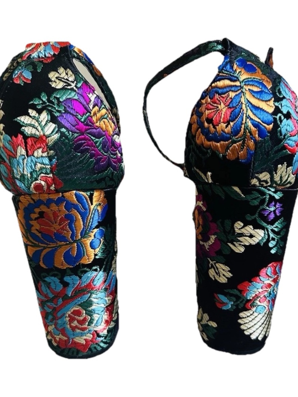 Trash Brocade Block Heel Sandals Size 9 Floral Jacquard Ankle Strap Heels